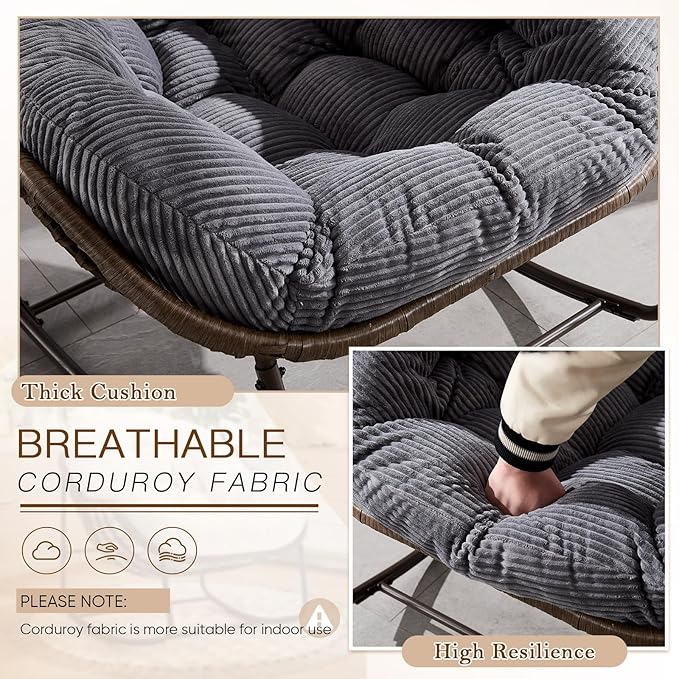 Large Indoor Rocking Chair, Oversized Rocking Papasan Chair with Thick Cushion & Frame, Comfy Corduroy Rocker Wicker Egg Chairs Lounge Reading Chair for Living Room, Bedroom, Apartment, Charcoal Grey