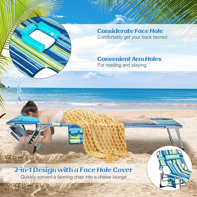 GYMAX Tanning Chair, Folding Lounger with Face/Arm Holes, Carry Handles & Side Pocket - Photo 5