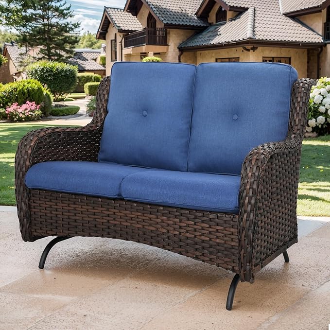 Patio Loveseat Glider Set, Resin Wicker Loveseat Glider with 4 Swivel Patio Chiars Coffee Table, 6 Piece Patio Conversation Set PE Rattan Loveseat Set, Brown Wicker|Blue Cushions