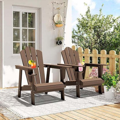 PROHIKER Adirondack Chair with Cup Holder, HDPE Outdoor Patio Chair All Weather Outdoor Chairs for Lawn Garden Porch Backyard, Plastic, Brown