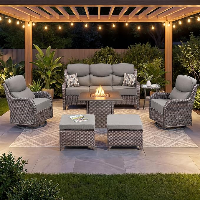 Luxury Patio Furniture Set with 6-inch Thick Cushion, Outdoor Furniture with Fire Pit Table, Swivel Chairs, Sofa - Photo 1