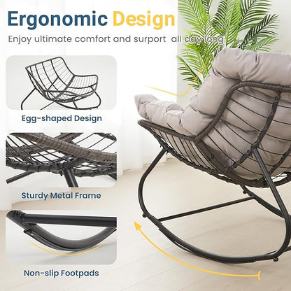 Wisteria Lane Patio Rocking Chair with Ottoman, Outdoor Indoor Rocking Egg Chair with Cushions, Metal Lounge Chair Oversized Papasan Chair, Outdoor Wicker Reading Chair for Porch Garden, Light Grey