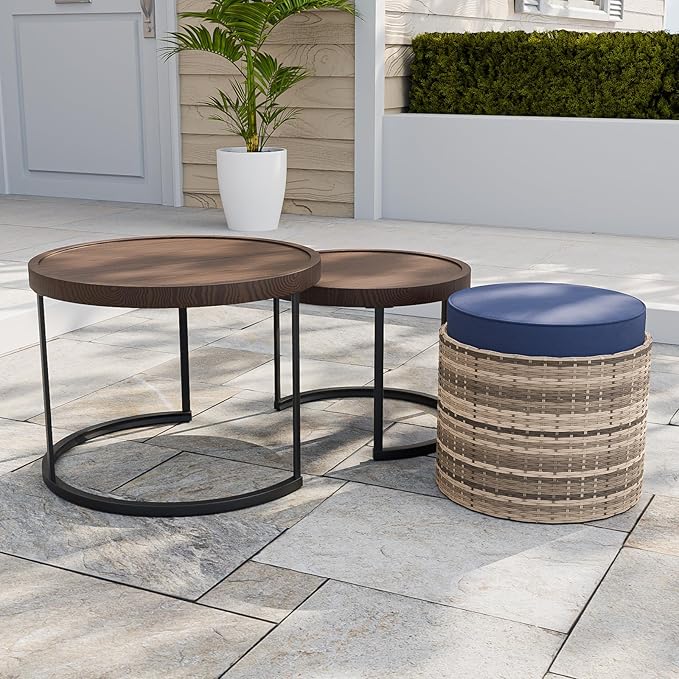 EAGLE PEAK Sunset Dune Collection Round Modern Nesting Coffee Tables, Wood Grain Top Stacking Accent Tables, Matching Ottoman, Indoor Outdoor, Set of 3, Blue