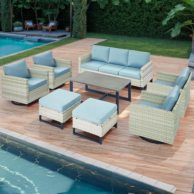 Wicker Outdoor Patio Furniture Set - 8 Piece Patio Conversation Set with 4 Swivel Rocker Chairs, 2 Rattan Ottoman - Photo 7