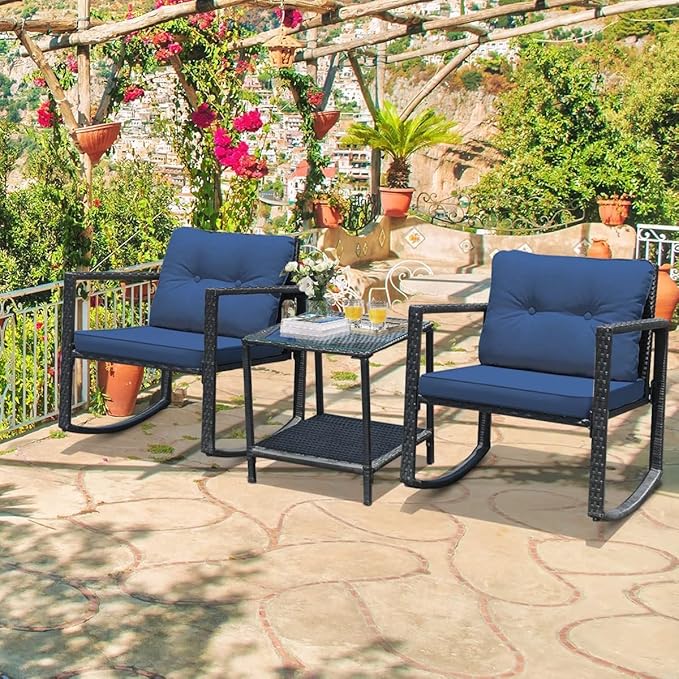 HAPPYGRILL 3-Piece Rocking Bistro Set Outdoor Patio Rocking Chairs with Coffee Table Rattan Wicker Furniture - Photo 3