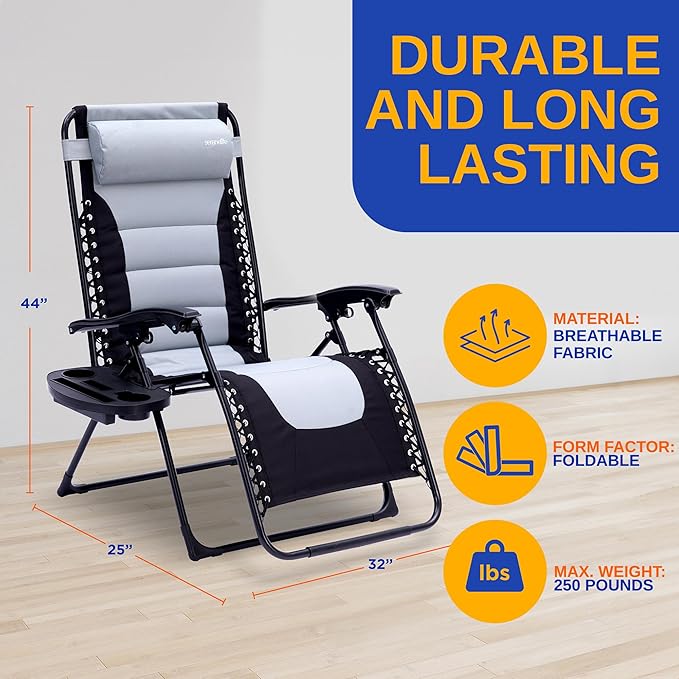 SereneLife Padded Zero Gravity Lounge Chair - Reclining Patio Chairs - Outdoor Lounge Chairs with Detachable Cup Holder - Photo 3