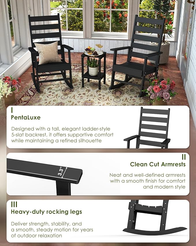 GREENVINES Outdoor-Rocking-Chairs-Set-of-2 | HDPE Plastic | Patio Rockers | Porch Rocker Chair | Shaker | Oversized | High Ladder Back | Big & Tall | PentaLuxe | Black