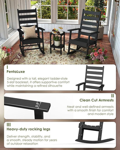GREENVINES Outdoor-Rocking-Chairs-Set-of-2 | HDPE Plastic | Patio Rockers | Porch Rocker Chair | Shaker | Oversized | High Ladder Back | Big & Tall | PentaLuxe | Black