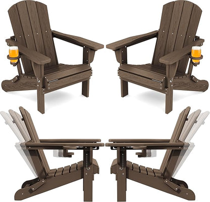 SERWALL Folding Adirondack Chair Set of 4, Adjustable Adirondack Chair with 3 Recline Positions, All Weather HDPE Outdoor Adirondack with Cup Holders, Coffee