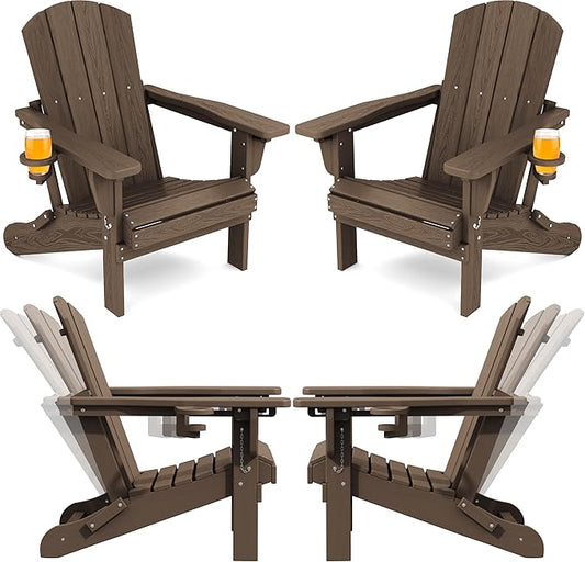 SERWALL Folding Adirondack Chair Set of 4, Adjustable Adirondack Chair with 3 Recline Positions, All Weather HDPE Outdoor Adirondack with Cup Holders, Coffee