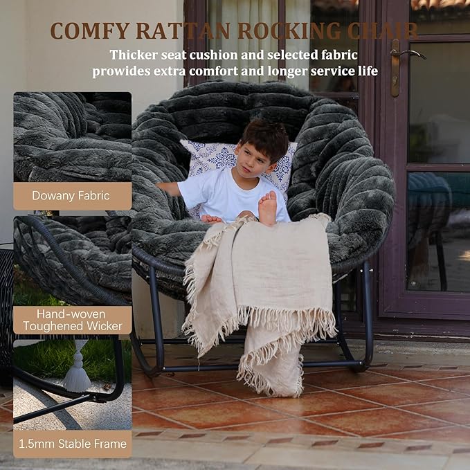 Outdoor Rocking Chair, Patio Wicker Egg Chair, Indoor Comfy Oversized Papasan Chair with Padded Cushion, Royal Rattan Rocker for Front Porch, Garden, Patio (Dark Grey)