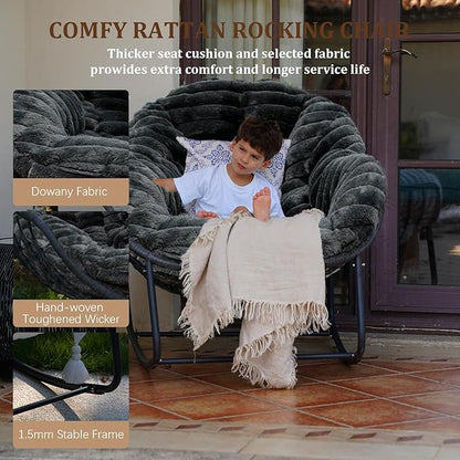 Outdoor Rocking Chair, Patio Wicker Egg Chair, Indoor Comfy Oversized Papasan Chair with Padded Cushion, Royal Rattan Rocker for Front Porch, Garden, Patio (Dark Grey)