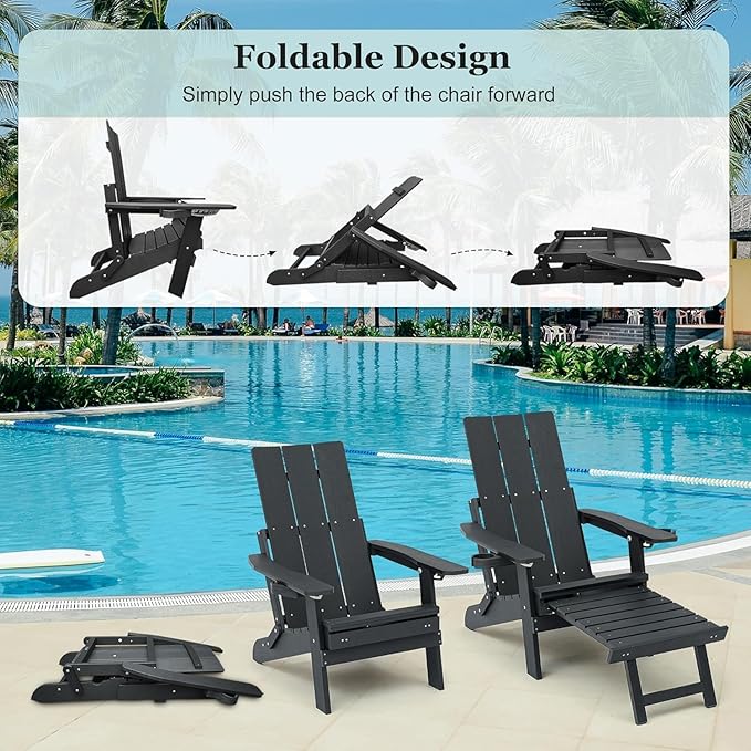 Mega Casa Poly Lumber Adirondack Chair with Cup Holders, Ottoman and Cushion, Adjustable Backrest, All-Weather Resistant HIPS Material, Wood-Like Pattern, Heavy Duty 700 LBS (Iron Black)