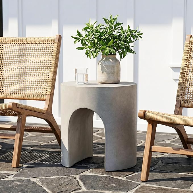 HOMPUS Outdoor Side Table w Hollow Arch, Concrete End Table, Round Patio MgO Coffee Lightweight, Modern Accent Vintage Garden Planter Stand for Indoor Outdoor Use, Grey