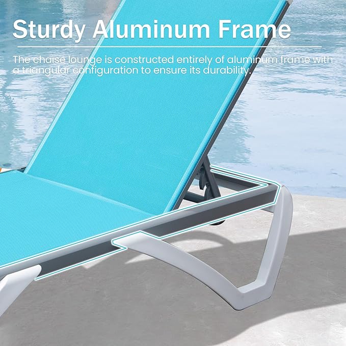 Domi Outdoor Lounge Chairs Set of 4, Aluminum Lounge Chairs for Outside with 5 Position Adjustable Backrest, Outdoor Chaise Lounge for Beach, Yard, Balcony, Poolside, Turquoise Blue