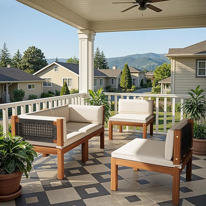 Devoko Patio Sectional Furniture Set 4 Pieces Outdoor Sectional Sofas with Coffee Table, Acacia Outdoor Furniture for Porch, Balcony, Garden