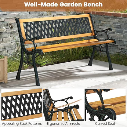 Tangkula Outdoor Garden Bench Park Bench, Patio Bench Chair with Cast Iron & Hardwood Structure, Weather Proof Porch Outdoor Furniture Loveseat, Perfect for Backyard, Deck, Lawn, Poolside
