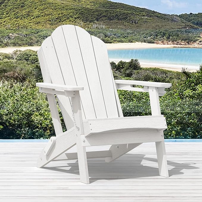 Foldable HDPE Adirondack Chairs Set of 2, Porch, Balcony, Patio, Weather Resistant Outdoor Furniture, Hidden Cup Holder, White