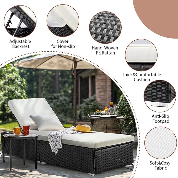 VINGLI Outdoor Chaise Lounge, Wicker Recliner w/Adjustable Backrest, Thick Water Repellent Cushions, Patio Rattan Lounge Chairs for Lawn, Beach, Balcony, Poolside (Black)