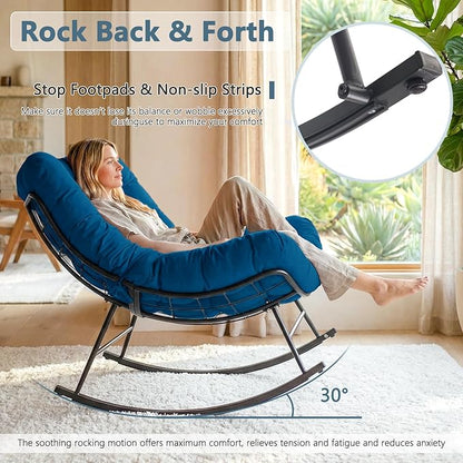 Cushioned Papasan Rocking Chair for Outdoor Indoor, Oversized Outdoor Rocking Chair with Cushion, Egg Rocker for Patio, Porch, Balcony, Lawn, Bedroom, Living Room, Navy Blue