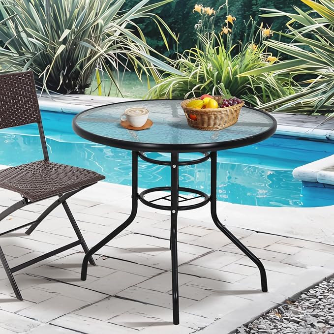 32" Round Outdoor Dining Table - Tempered Glass Top with Umbrella Hole, Weather-Resistant Metal Patio Table for Backyard, Poolside, Balcony, Garden - Black