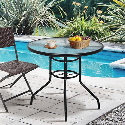 32" Round Outdoor Dining Table - Tempered Glass Top with Umbrella Hole, Weather-Resistant Metal Patio Table for Backyard, Poolside, Balcony, Garden - Black
