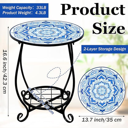 Mosaic Outdoor Side Table - Round Small Flower Patio Accent with Plant Stand, 14" Tea Coffee Metal Outside End Table for Balcony Garden Yard Patio Porch Indoor Living Room Bedroom Decor