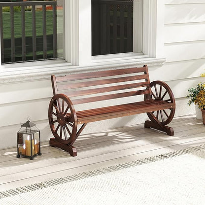 MOTION Outdoor Wagon Wheel Bench - 55 Inches Wooden Garden Bench with Slatted Backrest and Carbonized Finish, 2-Person Seat Outdoor Bench for Garden Porch Yard Patio, Rustic Brown