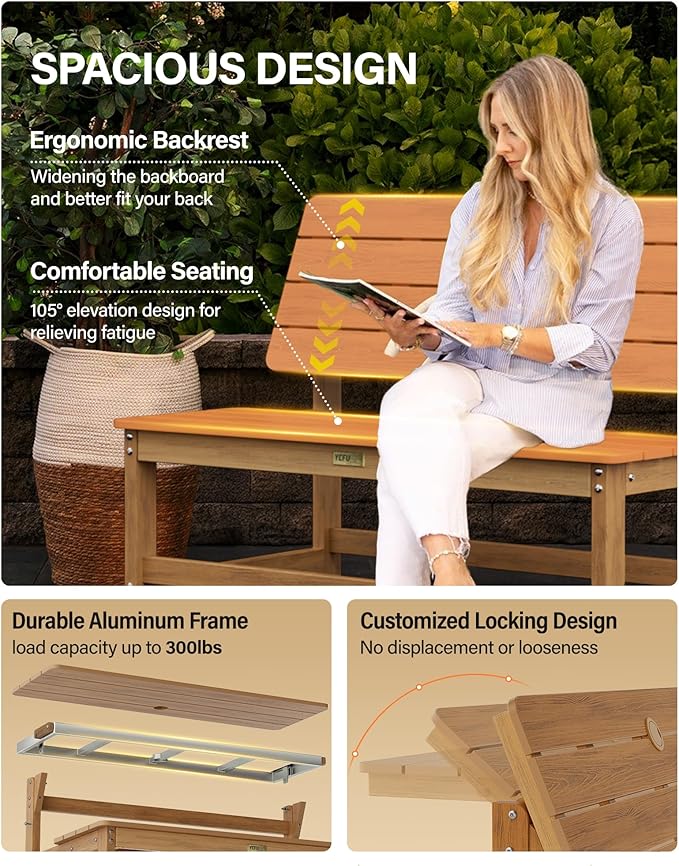 YEFU Convertible Bench Picnic Table: HIPS Convert a Bench with Umbrella Hole - Foldable Space-Saving Picnic Outdoor Benches for Outside Patio Porch Backyard Park Garden Teak