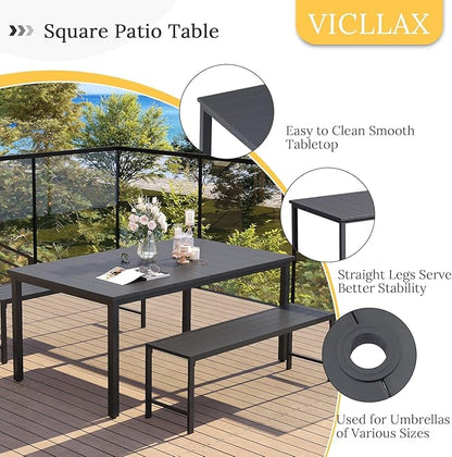 VICLLAX 63" Rectangle Outdoor Dining Table for 6, Patio Table with Umbrella Hole, All Weather Metal Patio Tables, Grey Tabletop