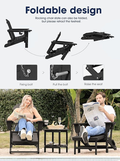KINGYES Adirondack Rocking Chair with Retractable Ottoman and Cup Holders, HDPE Adirondack Rocker Patio Rocking Chair for Porch, Patio, Balcony, Black