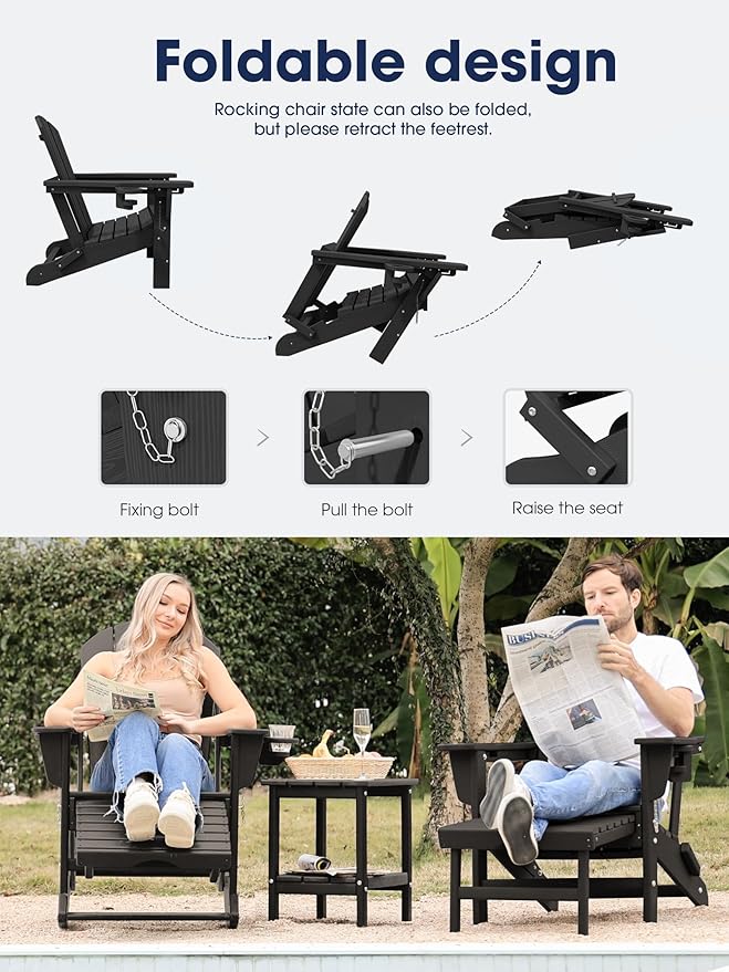KINGYES Adirondack Rocking Chair Set of 2 with Retractable Ottoman and Cup Holders - Photo 4