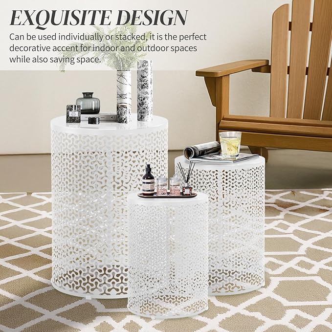 Outvita Outdoor Nesting Tables Set of 3, Heavy Duty Metal Frame Accent Modern End Table, Portable Side Table for Indoor, Outdoor, Living Room, Clover Pattern - White