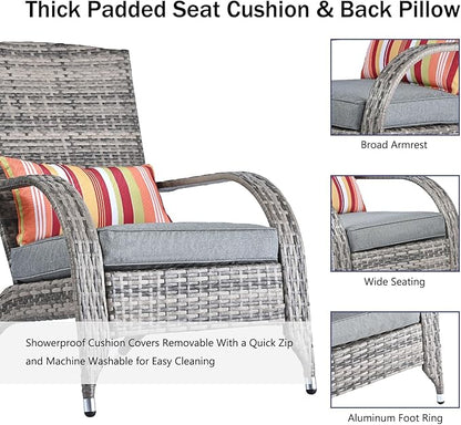Outdoor Patio Wicker Rattan Adirondack Chair Outside Fire Pit Chairs Comfy Relax Accent Patio Chair Low Deep Seating High Back with Cushion and Pillow for Porch Deck Balcony Lawn Backyard Mixed Grey