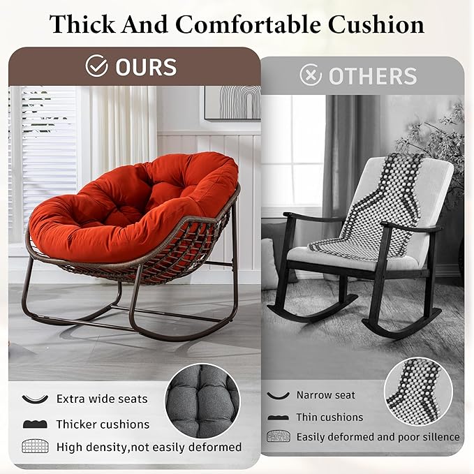 SLEERWAY Large Indoor Outdoor Rocking Chair, Oversized Rocking Papasan Chair with Thick Cushion and Frame Outdoor Rocker, Comfy Wicker Egg Chairs Lounge for Outside Porch Patio Backyard Balcony (Red)