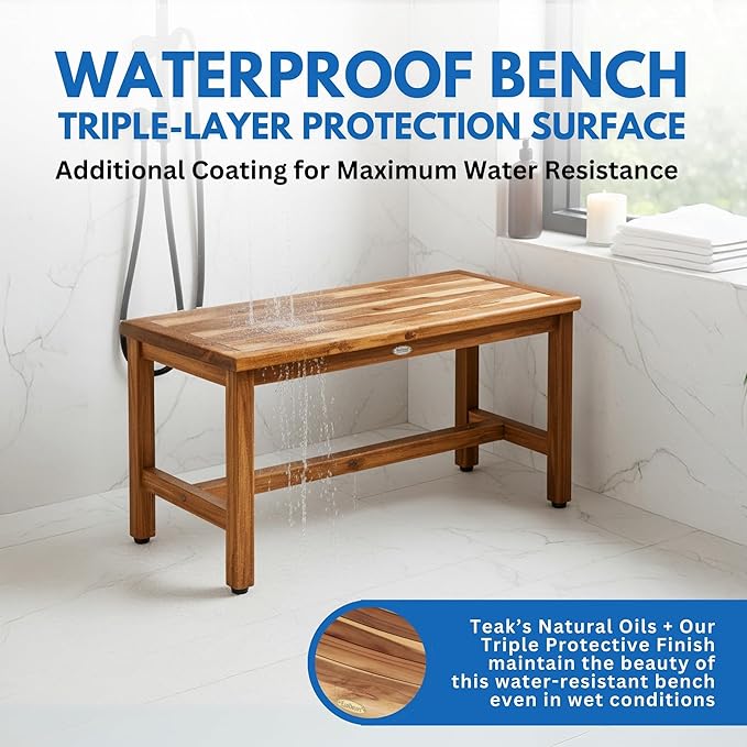 Decoteak EcoDecors Eleganto 47 Inch Natural Color Waterproof Teak Wood Shower Bench Stool Seat Chair for Inside Shower Provides Safety, Storage, and Organization for Bathroom Accessories