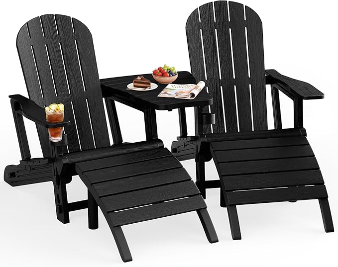 JY QAQA Outdoor Adirondack Chair Set of 2 with Detachable Table & Ottoman, All-Weather HDPE Patio Furniture with Wood Texture & Cup Holder for Patio, Poolside, Garden, Black