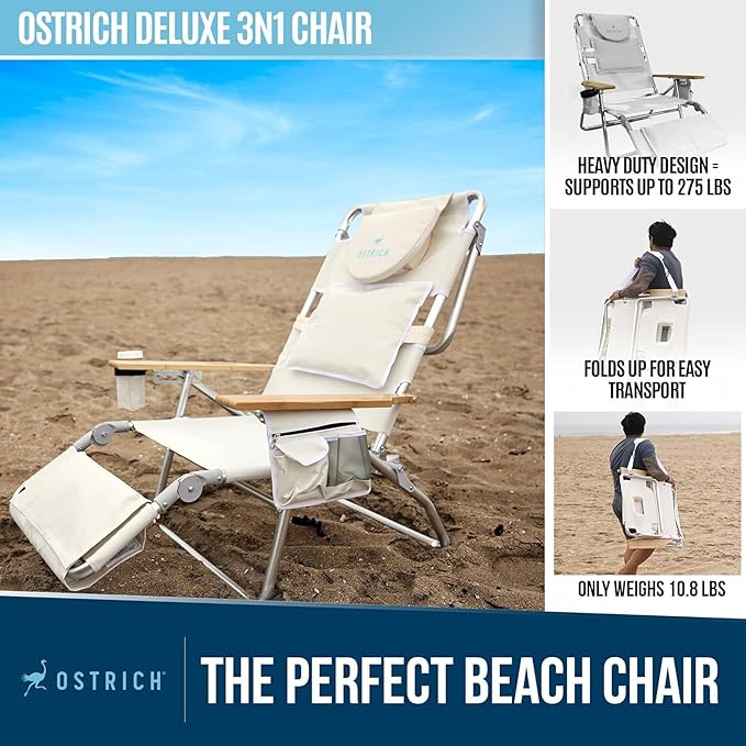 Ostrich the Deluxe 3N1 Reclining Lounge Chair, Folding Outdoor Lounger and Extra-Wide Beach Chair with Wooden Armrests and Face Hole, White