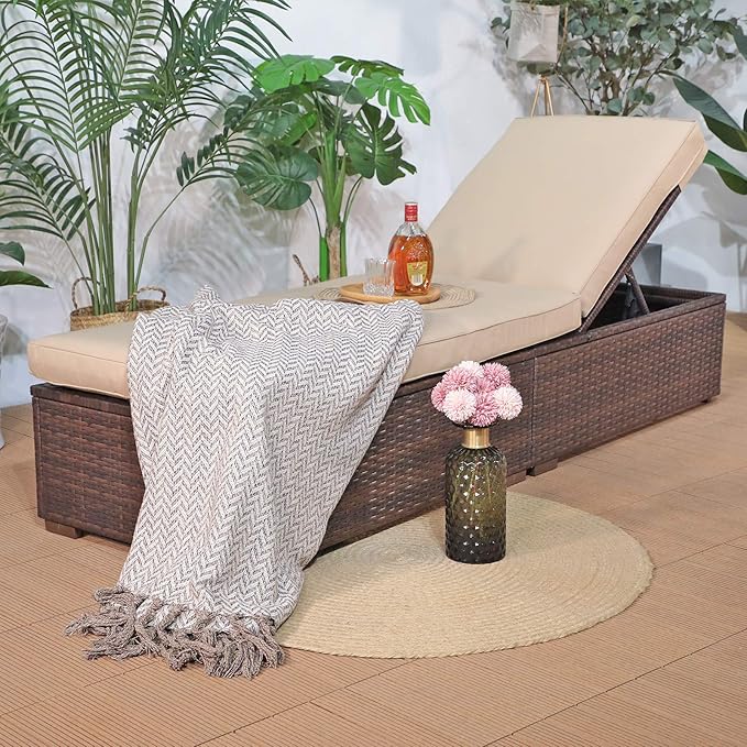 Patiorama Outdoor Patio Chaise Lounge Chair, Elegant Reclining Adjustable Pool Rattan Chaise Lounge Chair with Beige Cushion, Brown PE Wicker, Steel Frame