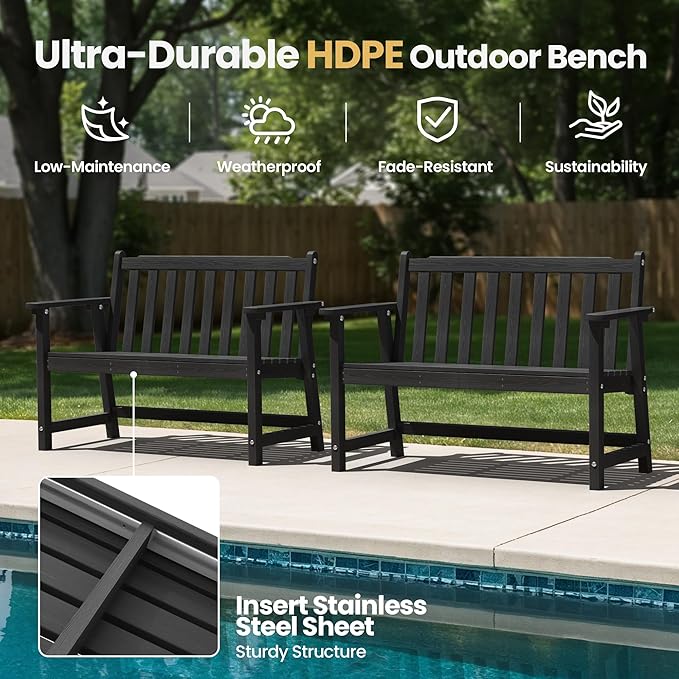 Ciokea 48" Outdoor Bench Set of 2, HDPE Weatherproof Garden Bench, 2-Person Memorial Benches with 550 Lbs - Photo 3