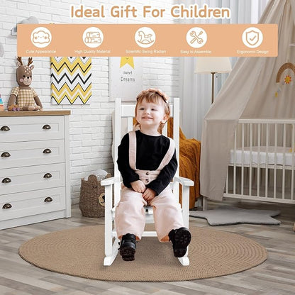 Outvita Wood Children's Rocking Chair, Perfect for Indoor or Outdoor All-Weather Wooden Porch Rocker for Garden, Yard, and Balcony, Patio Rocking Chair Suitable for Kids Ages 6-10(White)