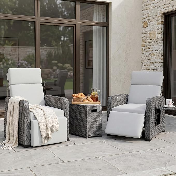 Restland Outdoor Recliner with Independent Adjustable Back & Footrest Wicker Patio Reclining Chair with Flip Table - Photo 1