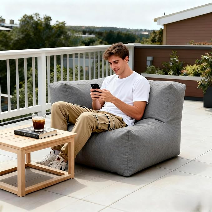 Patio Corner Chair, Outdoor Armrest Bean Bag Chair, Daybed Sofa Comfy Couch, Modular Patio Sectional Sofa, Water-Resistant Olefin Fabric, High-Density Foam Filled, Comfy Lounge Seat, Dark Gray