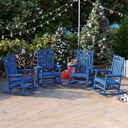 Classic Outdoor Rocking Chair Set of 4, HDPE Patio Rocking Chairs with Slat Back & Wide Armrests, All-Weather Rocking Lawn Chairs for Porch, Garden, Deck, Backyard, Navy Blue