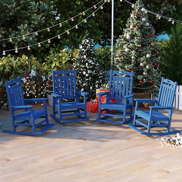 Classic Outdoor Rocking Chair Set of 4, HDPE Patio Rocking Chairs with Slat Back & Wide Armrests - Photo 1