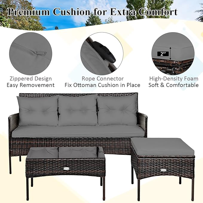 Tangkula 3 Pieces Patio Conversation Set, All Weather Outdoor PE Rattan Wicker Furniture Set with Padded Cushions - Photo 9