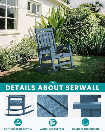 SERWALL SEWALL Oversized Outdoor Rocking Chair with Cushion, Patio Rocking Chairs for Porch, Blue HDPE Rocker+Beige Cushion