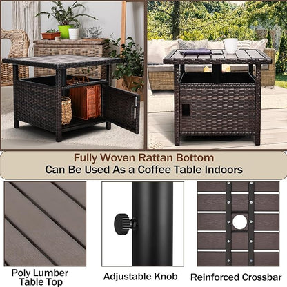 Umbrella Table with 2 Weight Bags Outdoor Patio Umbrella Side Table with Umbrella Hole Small Brown Wicker End Table for Outside Storage Coffee Table with Poly Lumber Top for Pool Garden Balcony Deck