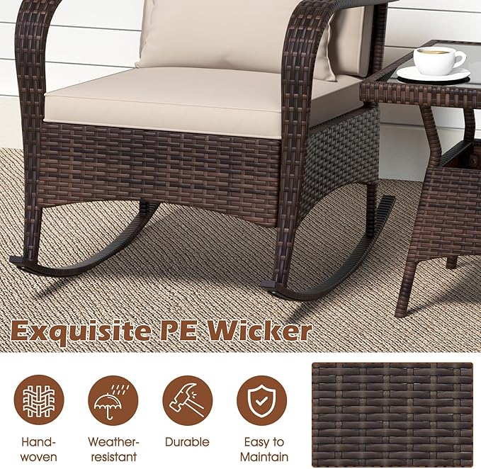 ORALNER 3 Pieces Patio Furniture Set, Outdoor Wicker Rocking Chairs with Cushions, Pillows, Glass Coffee Table - Photo 5