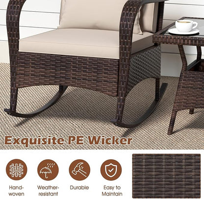 ORALNER 3 Pieces Patio Furniture Set, Outdoor Wicker Rocking Chairs with Cushions, Pillows, Glass Coffee Table, Rattan Bistro Rocker Set for Balcony Front Porch Poolside Garden Deck Yard (Beige)